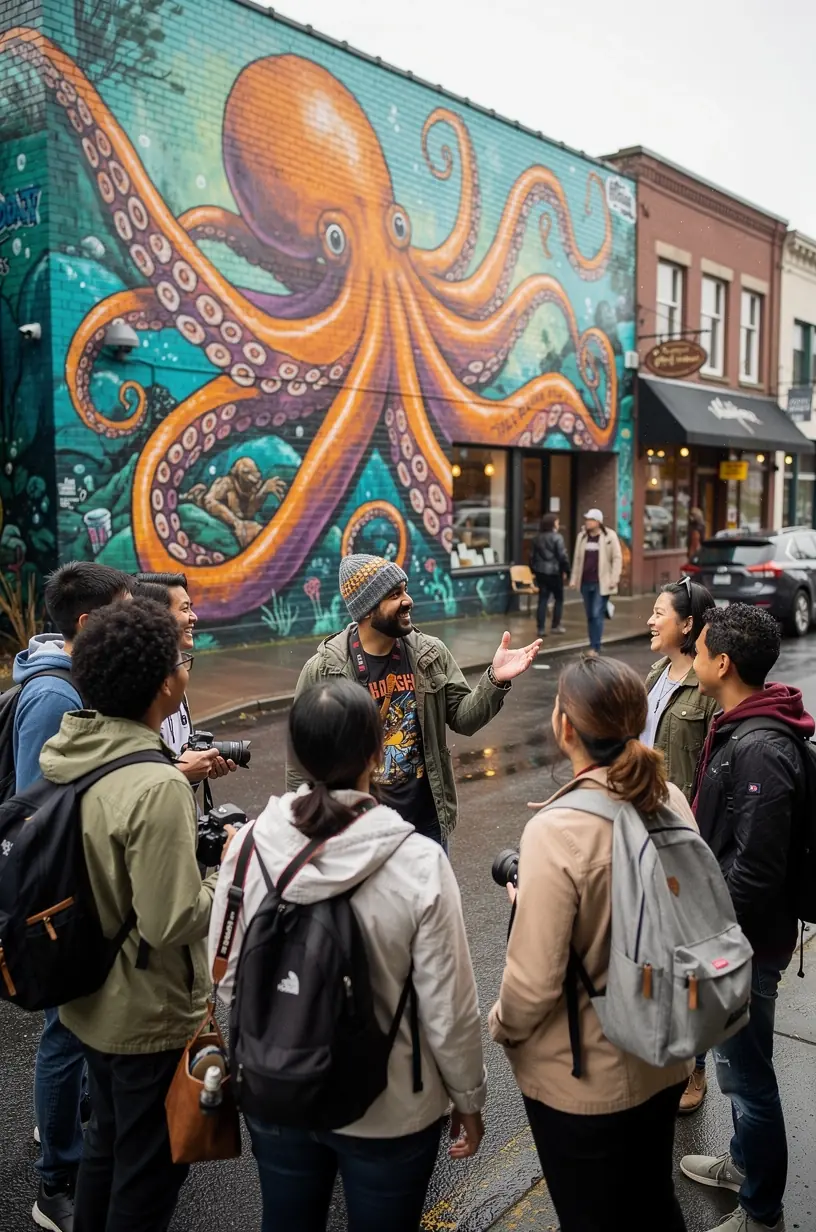 Guide and traveler communicating during a city tour